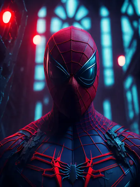 gloomy portrait of Bloody Spider-Man from Marvel with intricate angular cybernetic implants inside a brutalist building, gothic brutalist cathedral, cyberpunk, award-winning photo, bokeh, neon lights, cybernetic limb