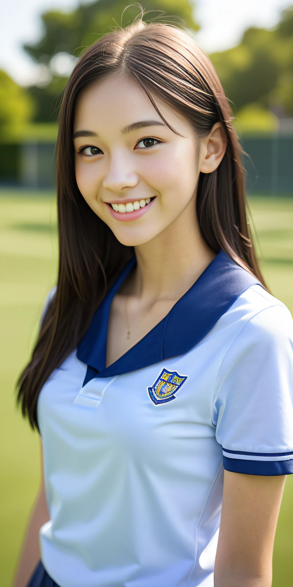 neat college girl, , (school uniform, summer clothes, short sleeves), outside the athletic field, (slim), photorealistic, detail, skin texture, ultra detail, delicate and sexy collarbone, smile, super detailed face, detailed lips, detailed eyes, breast emphasis