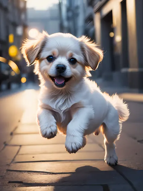 Close-up photo of a very cute jumping puppy on the street, white, soft volumetric light, (backlight: 1.3), (movie: 1.2), intrica...