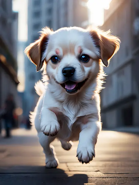 Close-up photo of a very cute jumping puppy on the street, white, soft volumetric light, (backlight: 1.3), (movie: 1.2), intrica...