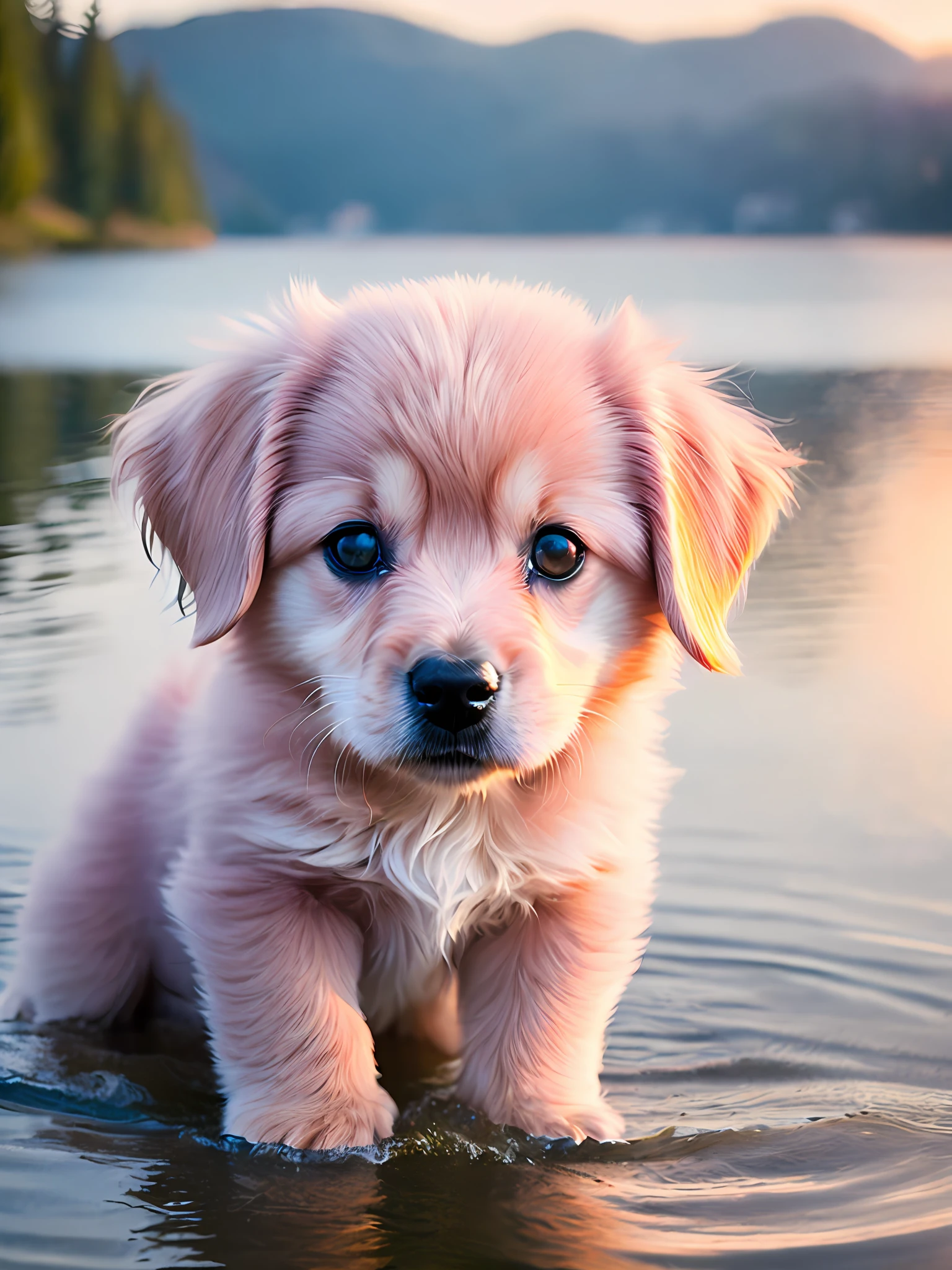 Close-up photo of a very cute 분홍색 puppy on the lake, 분홍색, 부드러운 체적 조명, (백라이트: 1.3), (영화: 1.2), 복잡한 세부 사항, (아트스테이션: 1.3), 루트코프스키