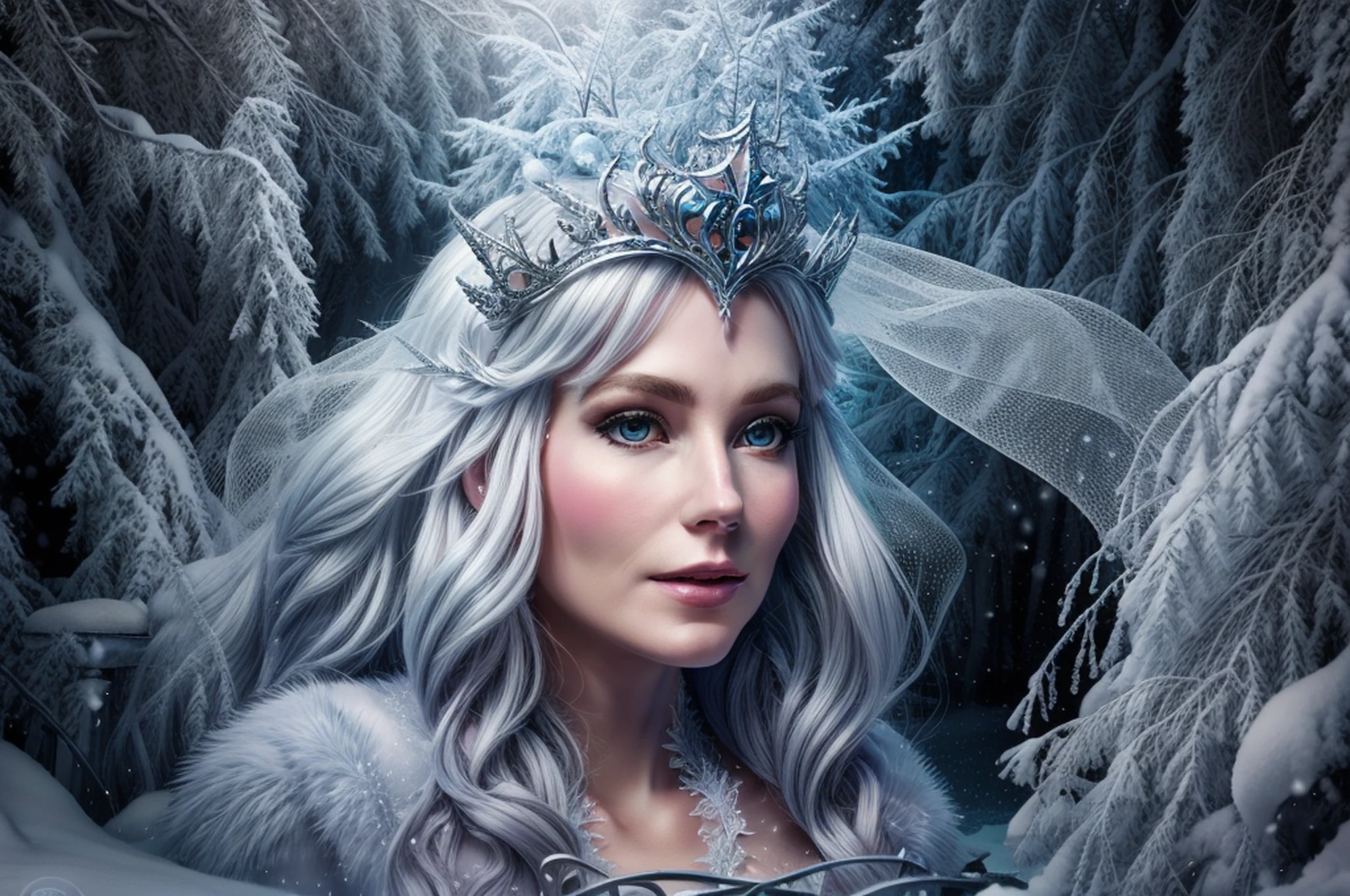 Porträt einer Schneekönigin in einem Zauberwald auf einer Pferdekutsche, ausführlich, 8k