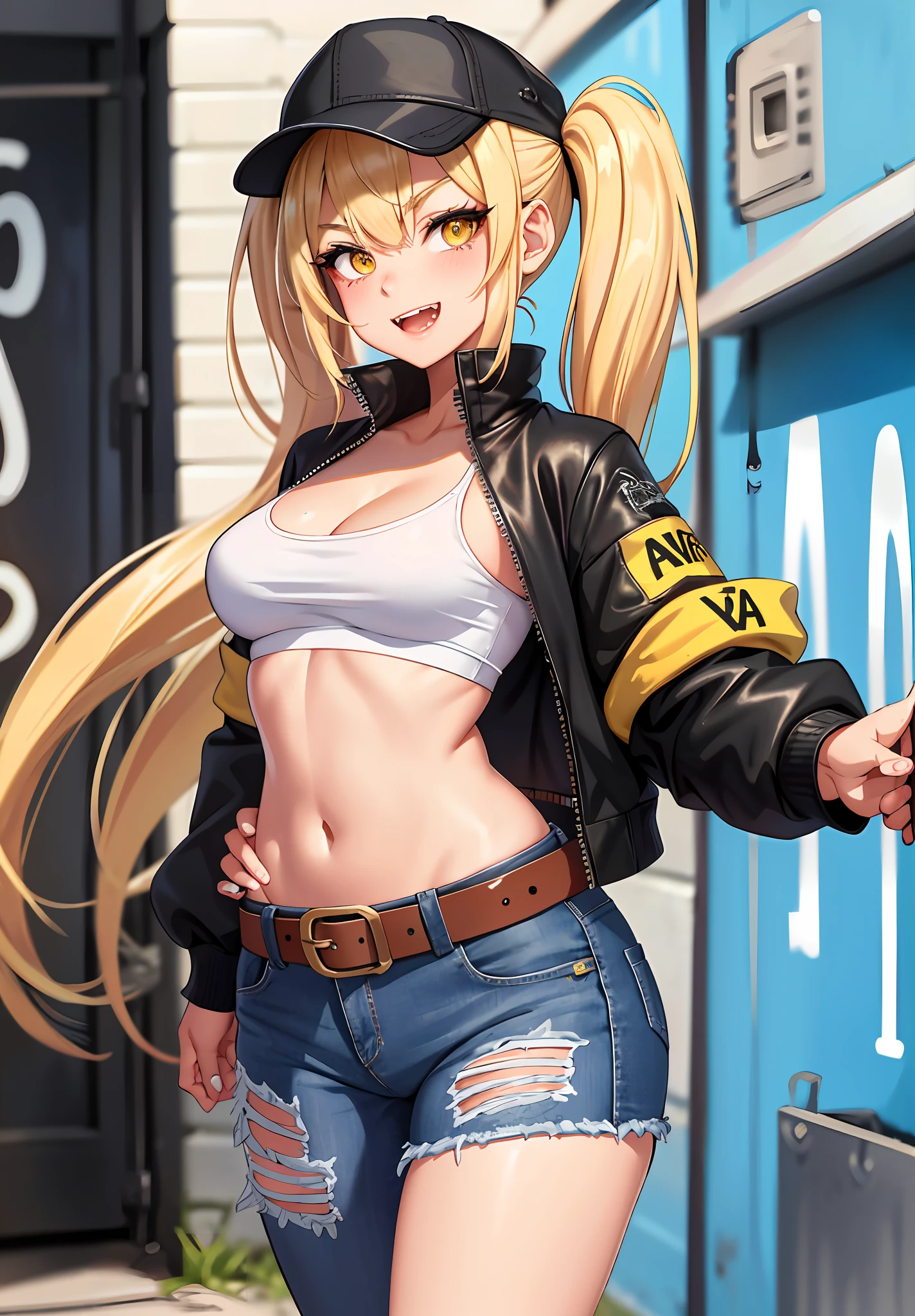 Original Character, Volumetric Lighting, Best Shadows, Shallow Depth of Field, Portrait Of Stunningly Beautiful Girl, Petite, Delicate Beautiful Attractive Face With Alluring Yellow Eyes, Messy Painted Face, Sharp Eyebrows, Broadly Smiling, Open Mouth, Fangs Out, Lovely Medium Breasts, Layered Long Twintail Blond Hair, Blush Eyeshadow, Thick Eyelashes, Applejack Hat, Oversized Pop Jacket, Mini Underboob Tee, Open Navel, Slim Waist, Denim Jeans Pants, With Buckle Belt, In The Graffiti Alley, Waste Container, Outside Stairs, Outdoor Unit, Holding Spray Paint Can, Standing, (Highest Quality, Amazing Details:1.25), (Solo:1.3), Brilliant Colorful Paintings