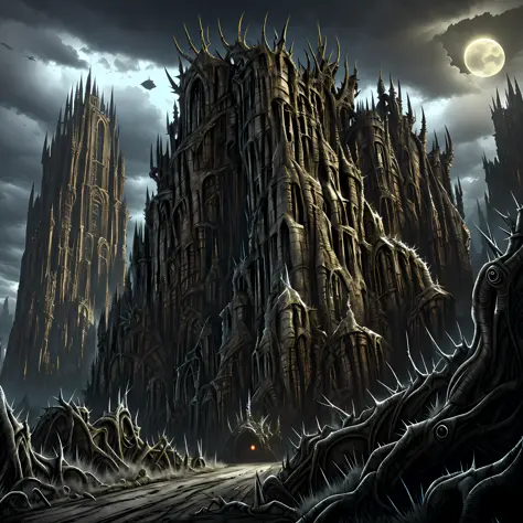horror art landscape, intricated biomechanical monuments, sculptures of evil creatures, dark valley, dramatic cloudy sky, beings...