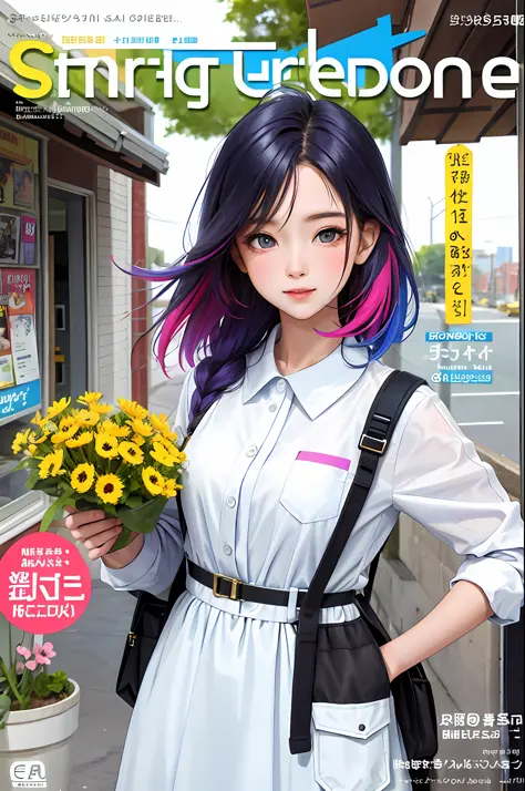 masterpiece, best quality, spring outfit, colorful hair, outdoor, magazine cover ,upper body,