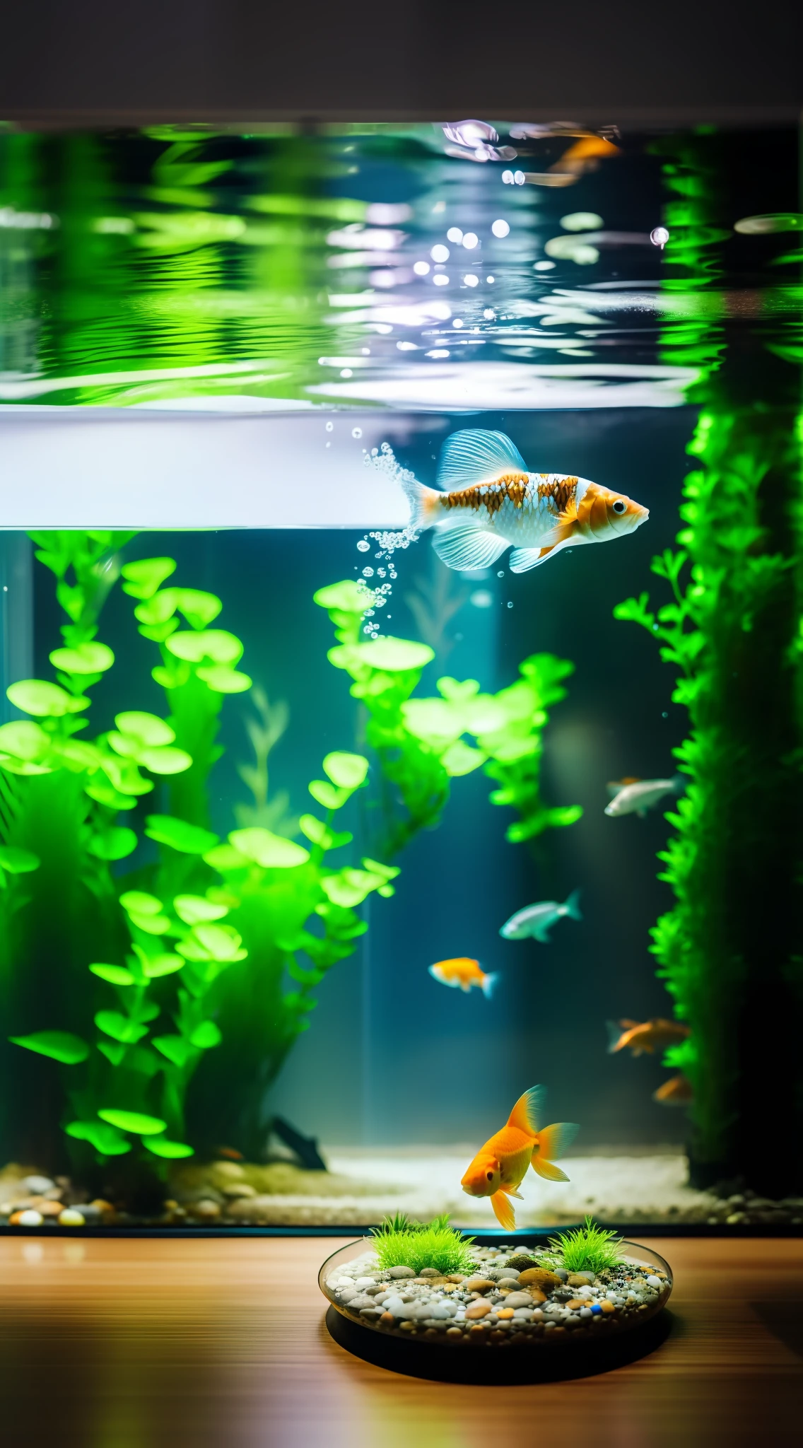 Borderless aquatic weed tank placed on living room table, aquatic  landscape, a group of small goldfish, minimalist style home, interior -  SeaArt AI