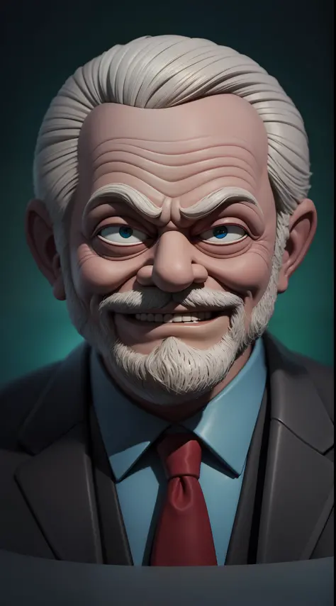 President Lula, old man, sinister smile, big eyes, in a suit, toxic smile, scared face, claymation style.