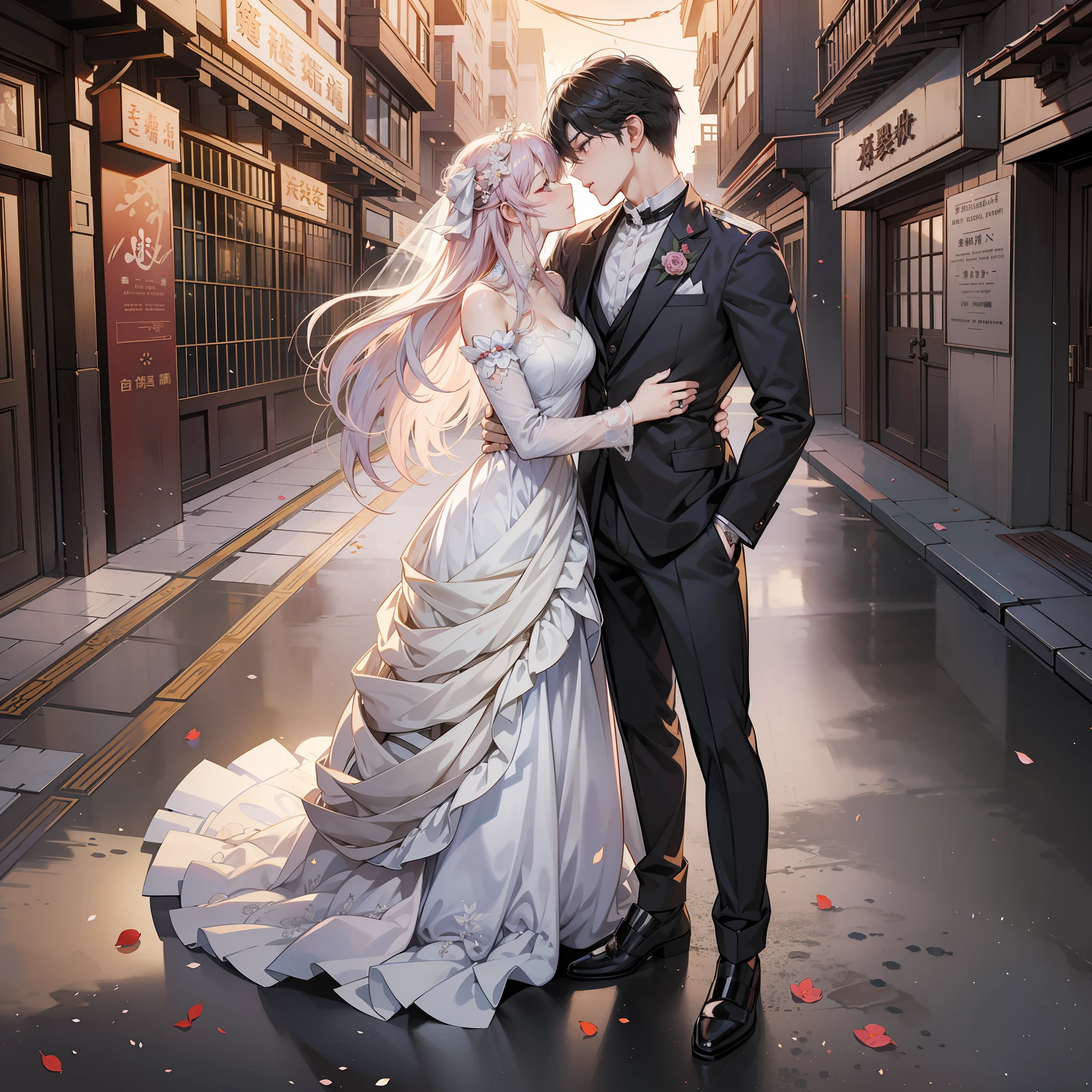 Anime wedding couple in a city alley with petals on the ground - SeaArt AI