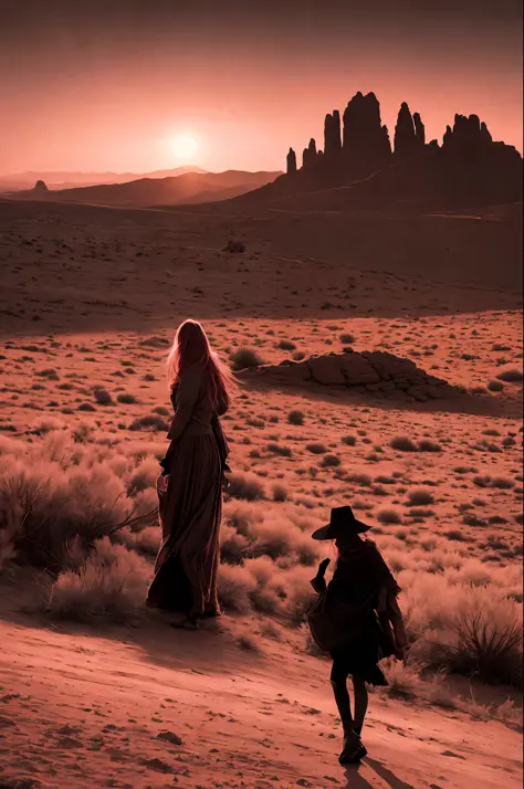 Film stills, desert-style sunset and pink lines by Byard Wu and Marc Simonetti and George Inness, monochrome artwork style, Feli...