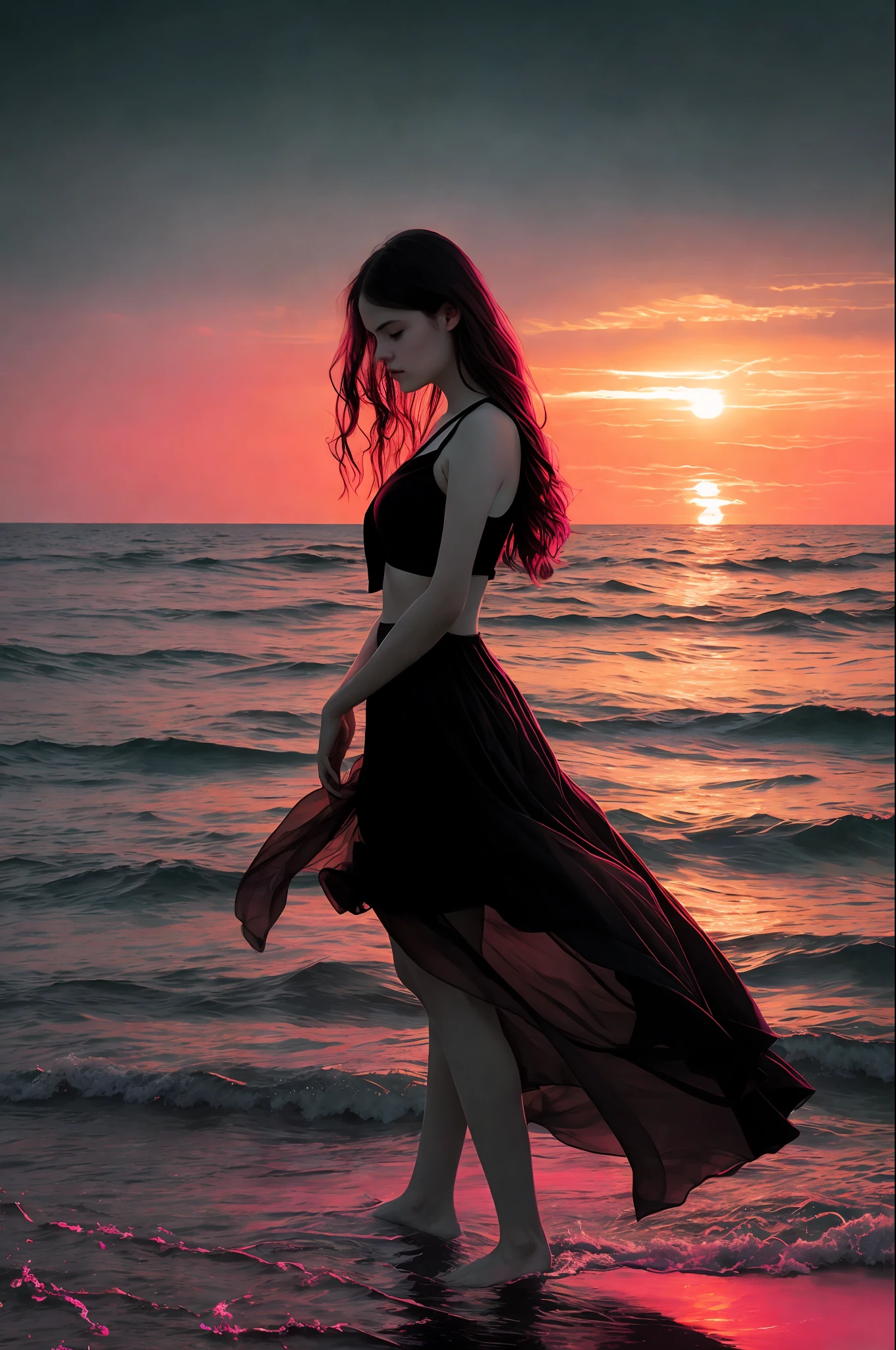 Film stills, ocean, sunset and pink lines by Byard Wu and Marc Simonetti and George Inness, monochrome artwork style, Felicia Simion, digital art technology light black and magenta, sparkling black and orange - Q2---S750--V 5.