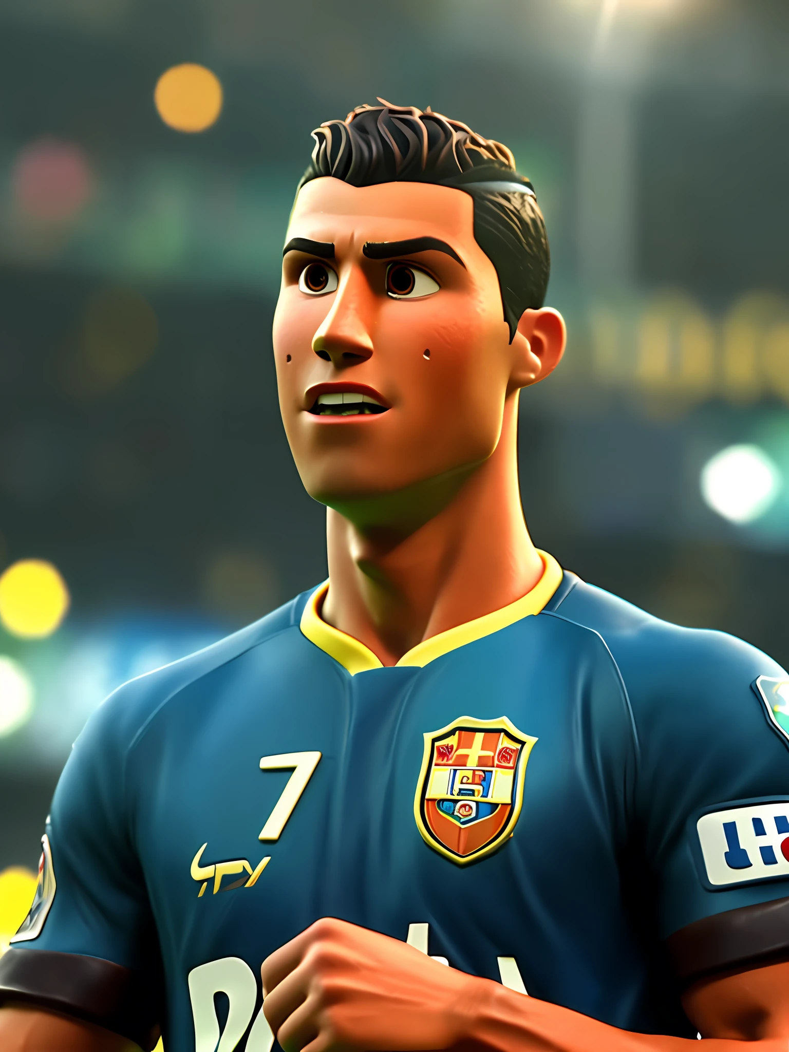 Cristiano Ronaldo, (estilo pixar) (obra maestra:1.2) (bokeh) (mejor calidad) (cuero detallado) (textura detallada) (8K) (plastilina) (iluminación cinematográfica) (enfoque nítido)