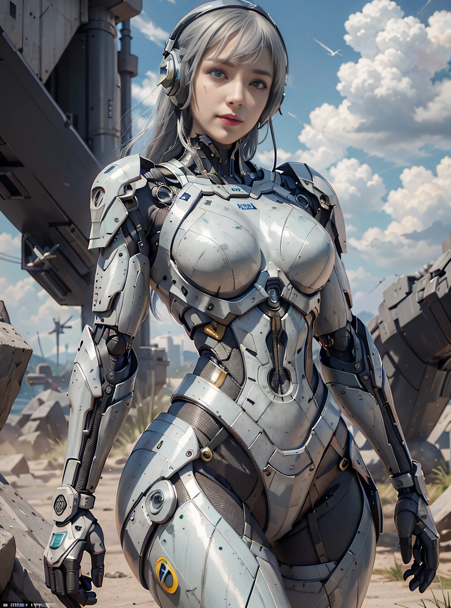 8K, Best Quality, Masterpiece, Ultra High Resolution, (Realism: 1.4), Girl Futuristic Battle Suit, Green Pupils, In the cockpit of a mecha, Cloudy background, Dark Clouds, Lightning, Background of Air Battlefield, Falling Airplane, Flying Anti-Aircraft Missiles, Exploding Flames, Mechanically Built Birds, Real Woman, Cleavage, Real Face, Cute Girl, Smile, Perfect Cyborg Girl, Wearing Sci-Fi Headphones, Beautiful Female , Beautiful Girl Cyborg, Silver Hair, Manipulator, CG ，