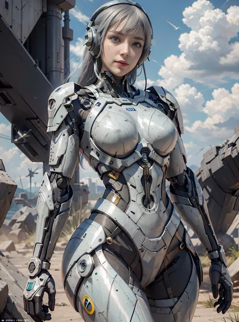 8K, Best Quality, Masterpiece, Ultra High Resolution, (Realism: 1.4), Girl Futuristic Battle Suit, Green Pupils, In the cockpit of a mecha, Cloudy background, Dark Clouds, Lightning, Background of Air Battlefield, Falling Airplane, Flying Anti-Aircraft Mis...
