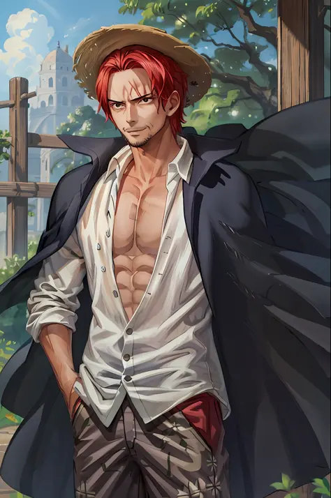 (masterpiece, best quality),  intricate details,
 1boy, man, red hair, straw hat, shnks, shanks \(one piece\),  scar on face, sh...