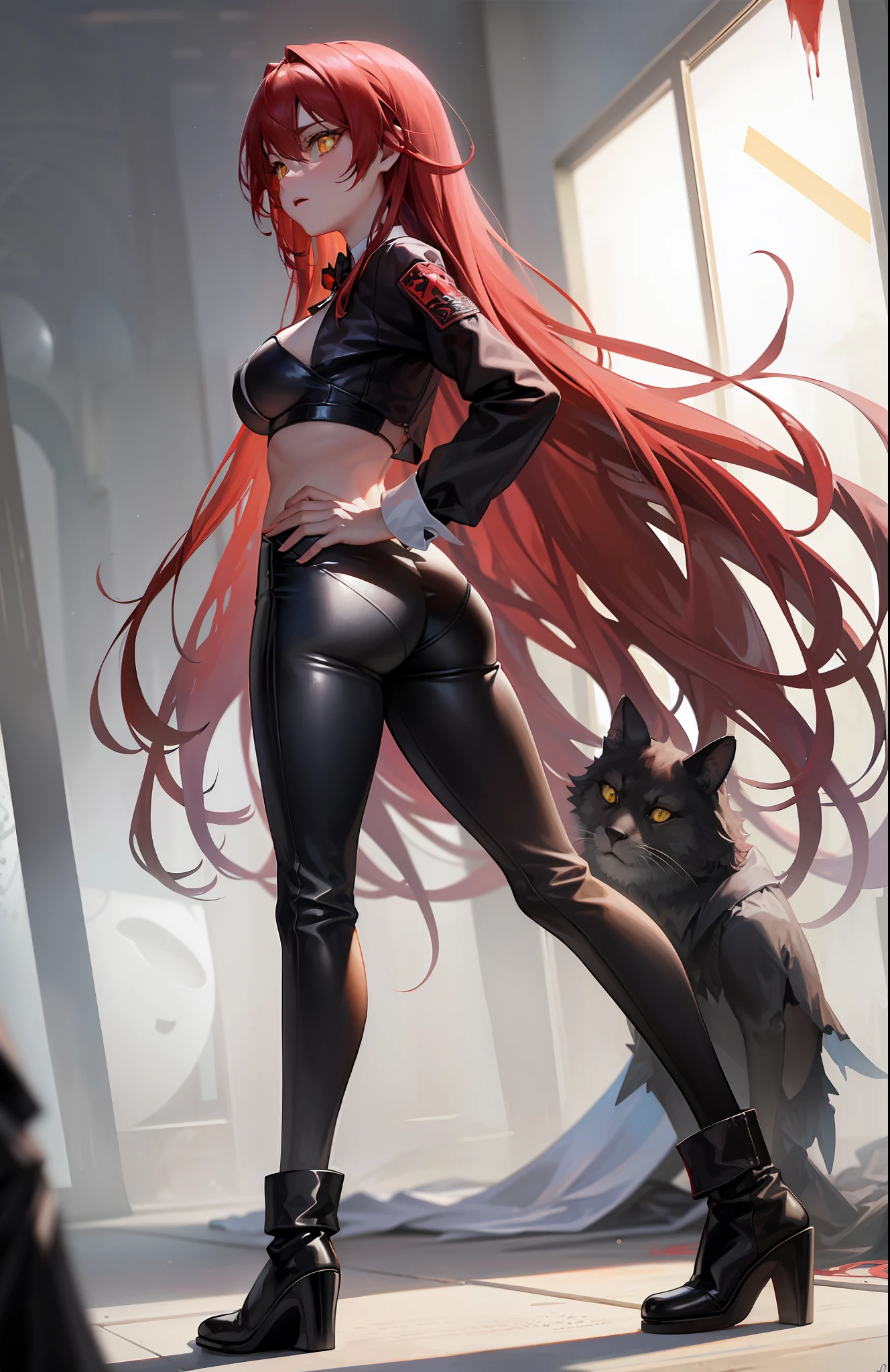 (masterpiece, best quality) an adult woman with very long red hair with short dress, red leather, black bows, long stockings, exposed arms, neckline, black boots, torn clothes, queen, yellow eyes, serious, blood, emotionless, red sky, palace, white walls, luxury, straight bangs, very long red hair, evil, only one character, (yellow eyes), gothic, red forest,  medium chest, head-to-waist portrait, cinematics, color oil painting, cinematic lighting, extremely detailed face, finely detailed face, beautiful face, beautiful eyes, perfect lighting, depth of field, realistic proportions, good anatomy, black sports bra, neckline, , black leggings, bubble butt, muscular, hands on hips, rooptop, night, stage sky, full moon, stars