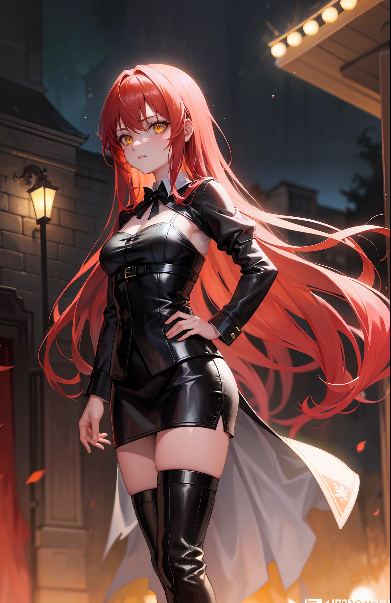 (masterpiece, best quality) an adult woman with very long red hair with short dress, red leather, black bows, long stockings, exposed arms, neckline, black boots, torn clothes, queen, yellow eyes, serious, blood, emotionless, red sky, palace, white walls, luxury, straight bangs, very long red hair, evil, only one character, (yellow eyes), gothic, red forest,  medium chest, head-to-waist portrait, cinematics, color oil painting, cinematic lighting, extremely detailed face, finely detailed face, beautiful face, beautiful eyes, perfect lighting, depth of field, realistic proportions, good anatomy, black sports bra, neckline, tits, black leggings, bubble butt, muscular, hands on hips, rooptop, night, stage sky, full moon, stars