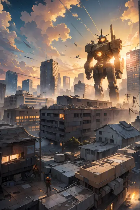 Run-down city, Battlefield, ruins, Gunsmoke fills, Broken giant robot, Orange sky, Dust, radiance, starry, from below, wide shot...