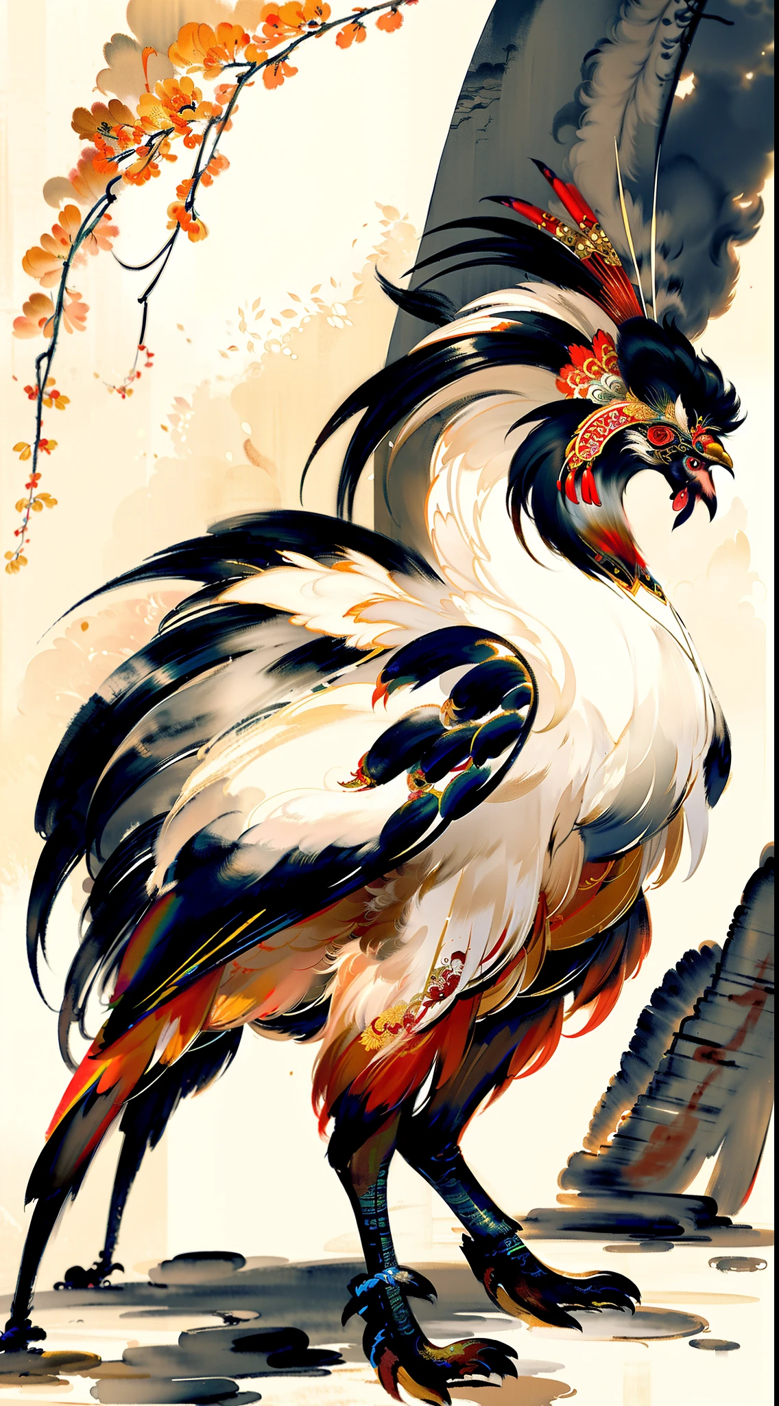 Painting of a rooster with a large head and a long tail - SeaArt AI