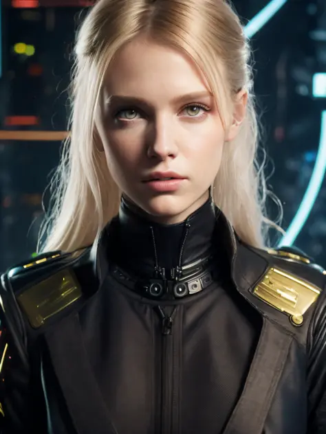 close up of a lovely 30-year-old model, wearing only a top black jacket with eye catching and minimalistic fabric details, realistic rim light, dark blonde, gorgeous, clean face, sci fi background, epic illumination, showing in 4k format, movie poster, in ...