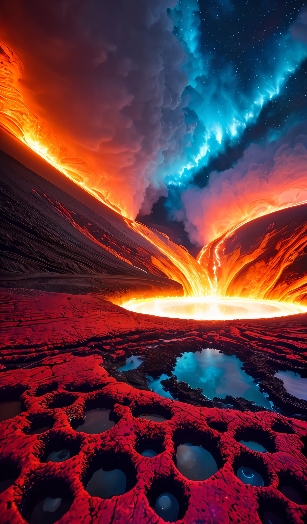 35mm photography, white cropped top, beautiful earth filled with water and lava, perfect eyes, sharp focus, 8k HD, crazy detail, intricate, Caenorhabditis elegans, atmospheric 4k hyper-detail, cinematic sensibility, sharp focus, masterpiece, color, surreal, vivid colors, (very detailed CG unity 8k wallpaper), intricate, high detail, sharp focus, realistic, symmetrical, volumetric lighting, beautiful, rich dark masterpiece, Dan Mumford and Mark M. Astrophotography in the style of Simonetti