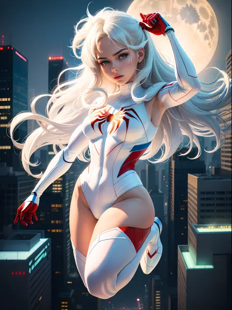 (Masterpiece, 4k resolution, ultra-realistic, very detailed), (White superhero theme, charismatic, there is a girl on top of the city, wearing Spider-Man costume, she is a superhero), [ (( 25 years old), (long white hair:1.2), full body, (blue eyes:1.2), (...