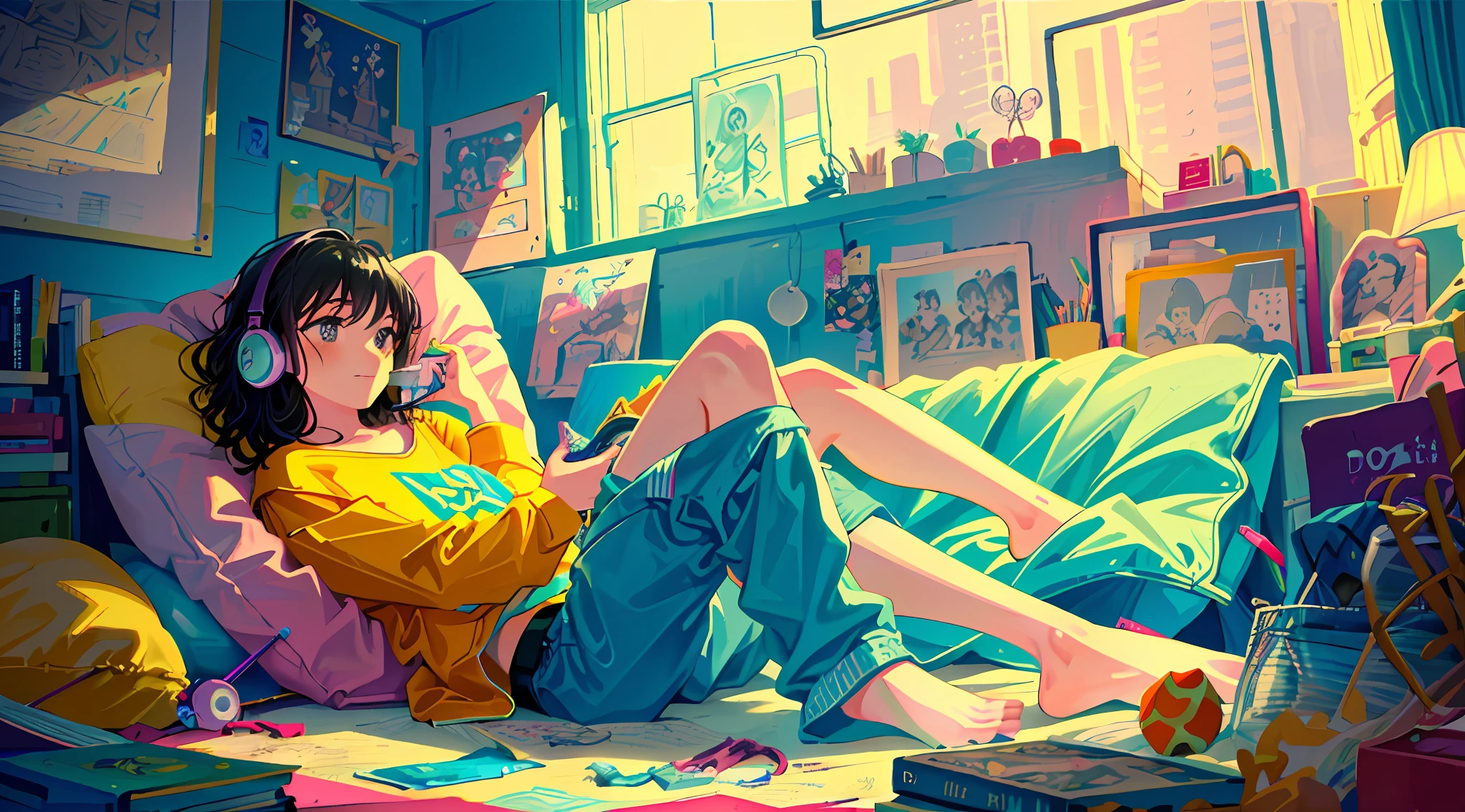 masterpiece, best quality, ultra-detailed, illustration, 2girls, sitting, playful, gaming, messy room, teenage, 15 years old, lighthearted, cozy, relaxed, cheerful, fondness, love, friendship, cute, touching, computer game, controllers, smiles, joy, laughter, comfortable, slippers, pajamas, messy hair, tousled, disarray, cluttered, toys, posters, pillows, blankets, lamp, desk, chair, cozy atmosphere, night lighting, bright colors, soft pastels, flowers, plants, books, headphones, snacks, soda, energy drinks, manga, novels, plushies, figurines, posters, pictures, posters, wall scrolls, stickers, decorations, bed, blankets, pillows, stuffed animals, cozy blankets, warm blankets, comfortable clothes, casual attire, leisure wear, sweatshirt, sweatpants, shorts, t-shirt, tank top, socks,