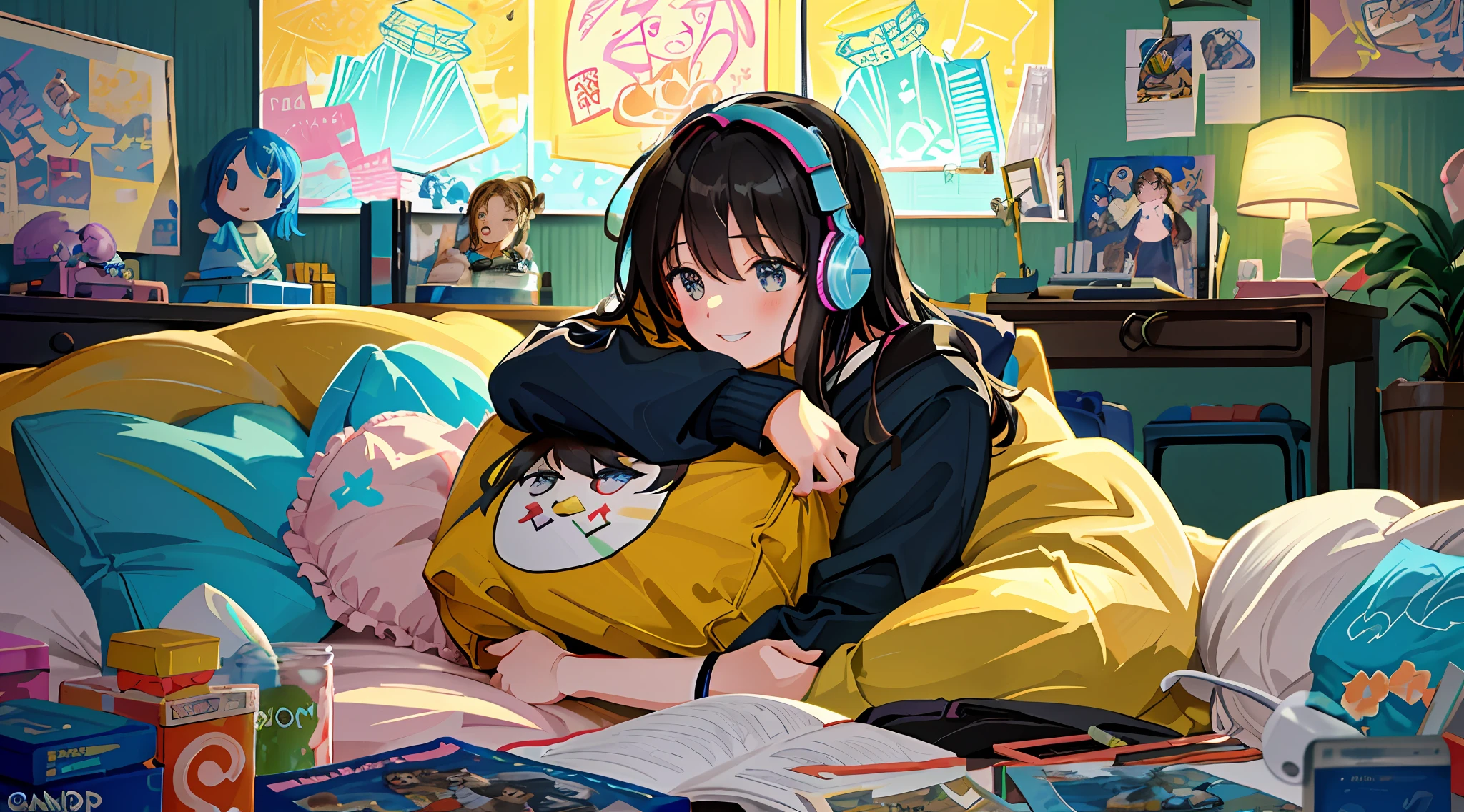 masterpiece, best quality, ultra-detailed, illustration, 2girls, sitting, playful, gaming, messy room, teenage, 15 years old, lighthearted, cozy, relaxed, cheerful, fondness, love, friendship, cute, touching, computer game, controllers, smiles, joy, laughter, comfortable, slippers, pajamas, messy hair, tousled, disarray, cluttered, toys, posters, pillows, blankets, lamp, desk, chair, cozy atmosphere, night lighting, bright colors, soft pastels, flowers, plants, books, headphones, snacks, soda, energy drinks, manga, novels, plushies, figurines, posters, pictures, posters, wall scrolls, stickers, decorations, bed, blankets, pillows, stuffed animals, cozy blankets, warm blankets, comfortable clothes, casual attire, leisure wear, sweatshirt, sweatpants, shorts, t-shirt, tank top, socks,