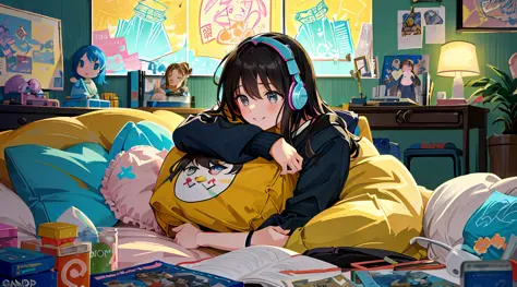 masterpiece, best quality, ultra-detailed, illustration, 2girls, sitting, playful, gaming, messy room, teenage, 15 years old, li...