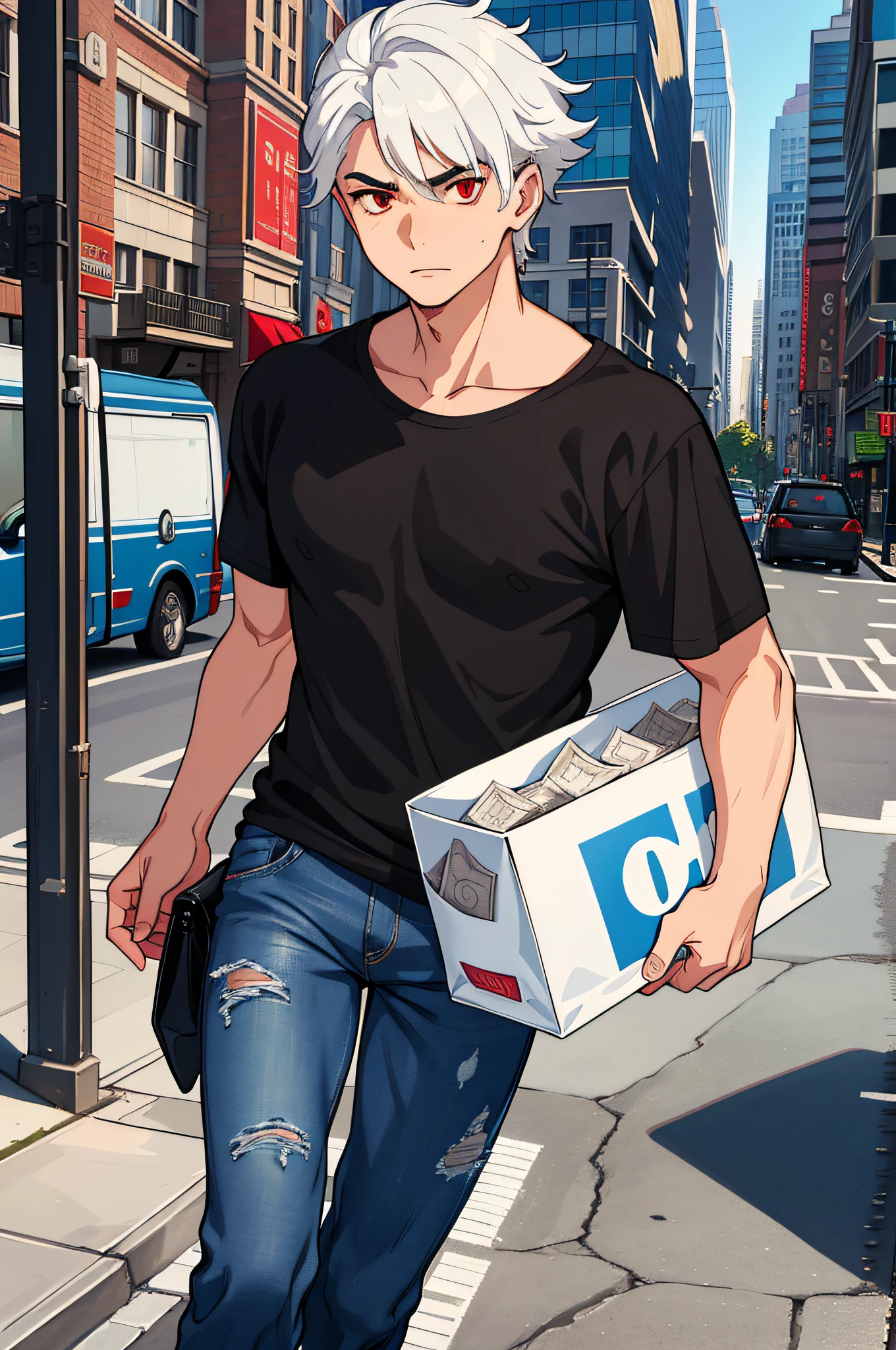 Full of details, details, street view high-rises, commissary, boy carrying a wad of money, wad of money, brows furrowed high quality, best quality, beautiful, hd, realistic, perfect lighting, detailed face, detailed body, 1 man, (white hair), red eyes, masculinity, (savage), black t-shirt, jeans,