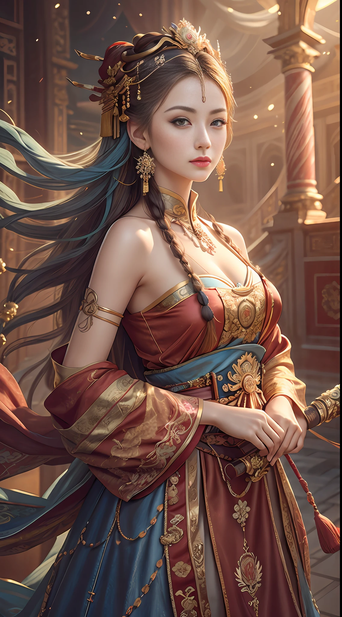 Best quality, masterpiece, ultra-detailed high resolution, (realistic: 1.4), original photos, illustrations,
1 Girl Holding Weapon, (Solo Exhibition: 1.2), (Denim Lens: 1.2), (Hair Crown: 1.2), Chinese Dunhuang Traditional Costume, No Straps, (Red Eyeliner: 1.2), (: 1.4), Earrings, Dynamic Angle, Opera House, messy_long_hair, Ink, Movie Lights, lens_flare, Velvet, Chrysanthemum, Tassels, Ribbons, Color Embroidery,