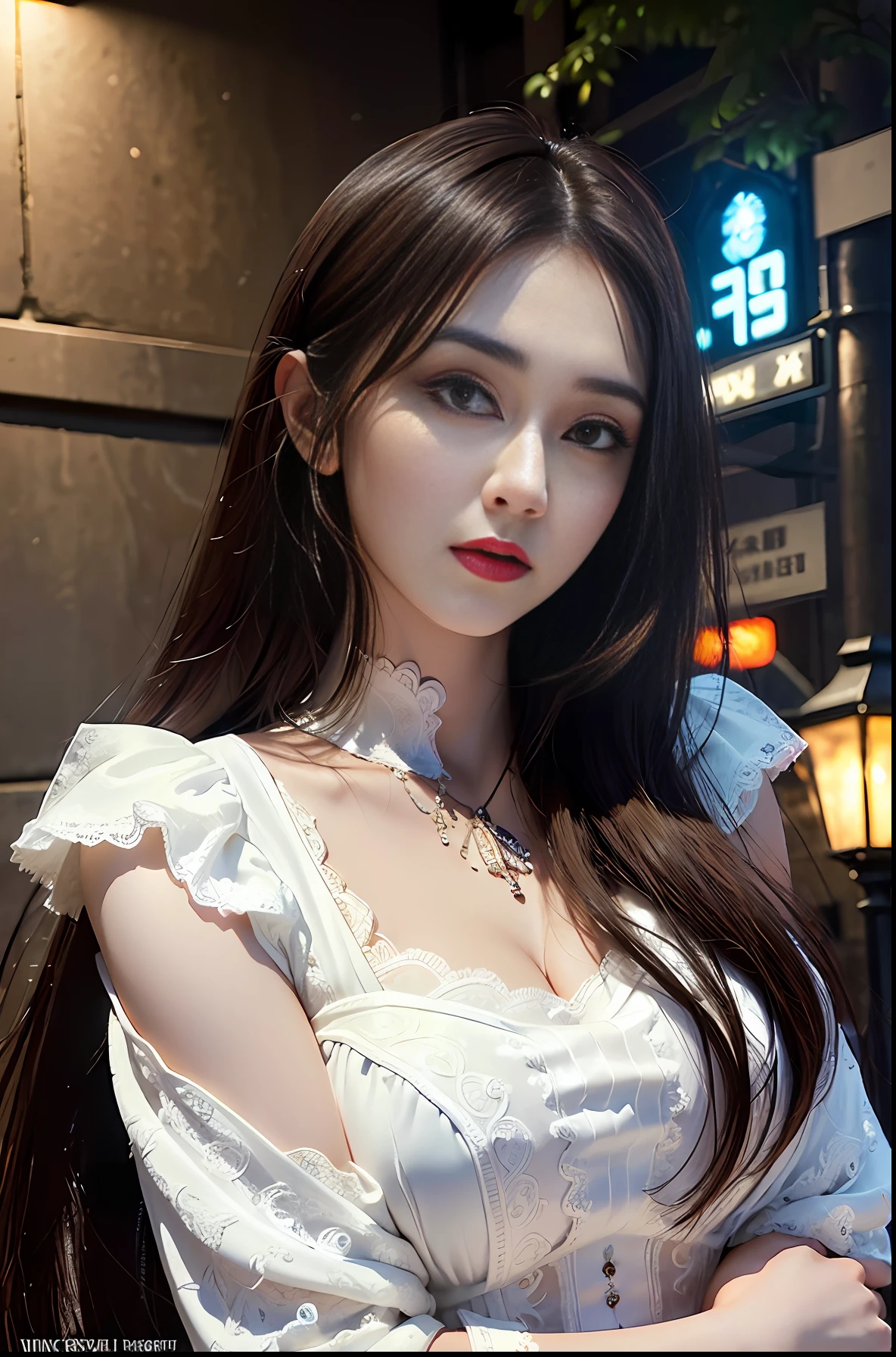 masterpiece, (front focus), surrealist female portrait, fantasy art, realism, dynamic lighting, art station, poster, volumetric lighting, highly detailed face, black and fluffy eyes, shiny pupils,4K, award-winning, 1 girl, understated,fullbody shot, (official attire: 1.4,white lace gown), street light, dark brown hair,