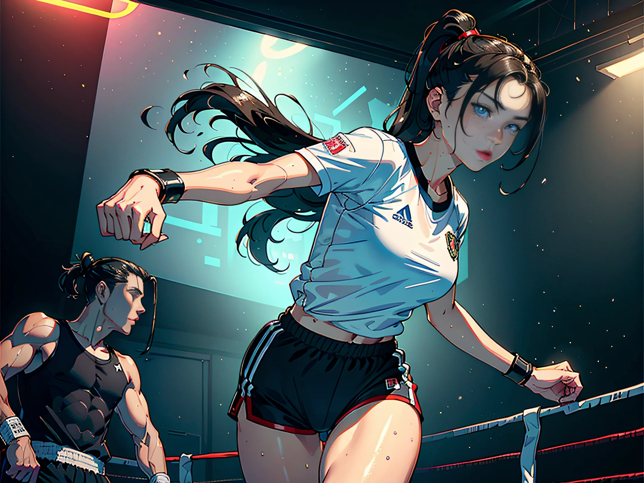 Anime girl in a boxing ring with a man in the background - SeaArt AI