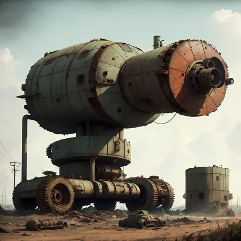 stalenhag, old destroyed parts of rust tank, sci-fi, knots colorfully plastic, smooth round shapes, cyberpunk, hdr, 8k, 4k, octane renderer, huge detailed, artstation