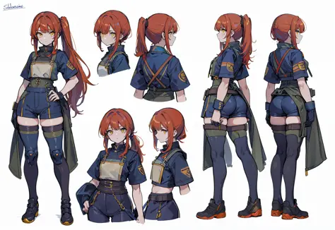 1girl, slavic girl, reference sheet, character design, front angle, side angle, rear angle, dynamic poses, (masterpiece:1.2), (best quality:1.3), short sleeves, shirt, dark clothing, blue yellow pants, colorful getup, sci-fi, slavic clothing, mechanic outf...