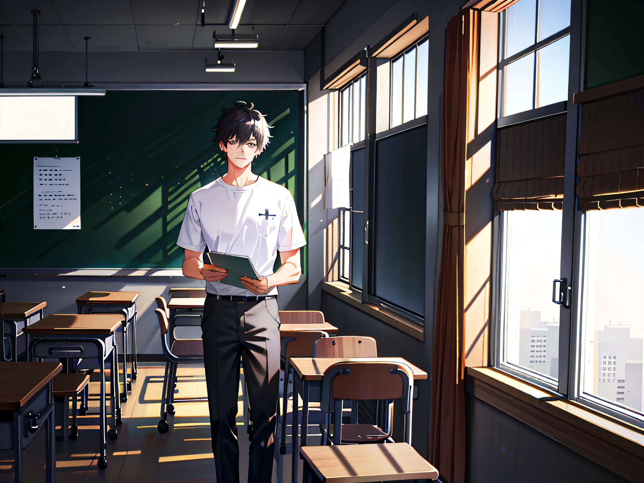 Classroom background, with desk, and chair, lettering on the blackboard, male focus, pants, white short sleeves, solo, white pants, messy hair, trends on artstation, 8k resolution, very detailed