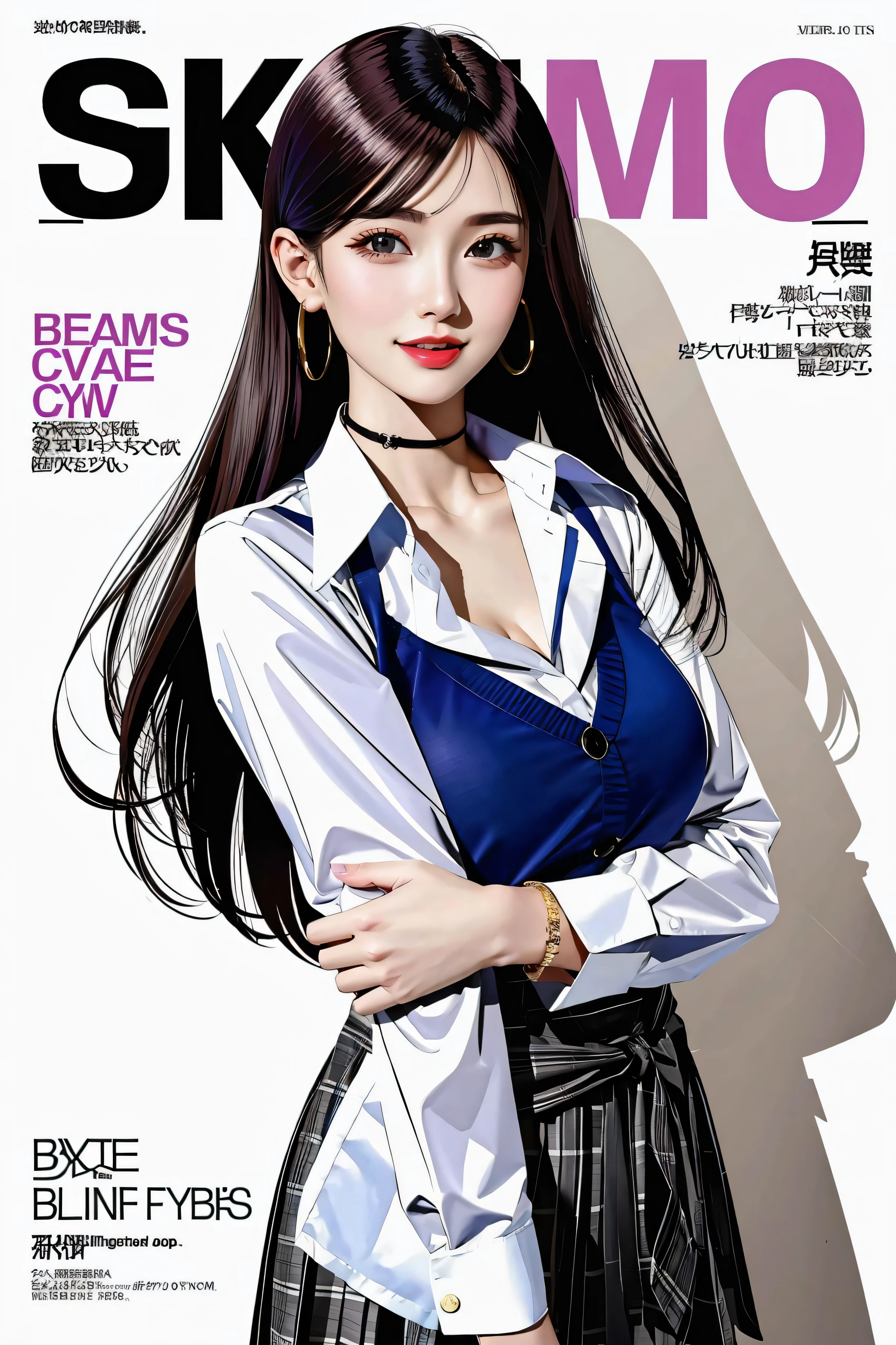 masterpiece, best quality, full body, 1girl, bangs, black choker, black necktie, black hair, blue skirt, blush, bracelet, breasts, choker, clothes around waist, collarbone, collared shirt, cowboy shot, dress shirt, ear piercing, eyebrows visible through hair, gradient hair, grin, gyaru, jewelry, kogal, long hair, looking at viewer, loose necktie, necktie, piercing, plaid, plaid skirt, pleated skirt, red eyes, ring, school uniform, shirt, skirt, smile, solo, white shirt, street, sky, cherry blossoms, petals,illustration, (magazine:1.3), (cover-style:1.3), fashionable, woman, vibrant, outfit, posing, front, colorful, dynamic, background, elements, confident, expression, holding, statement, accessory, majestic, coiled, around, touch, scene, text, cover, bold, attention-grabbing, title, stylish, font, catchy, headline, larger, striking, modern, trendy, focus, fashion,