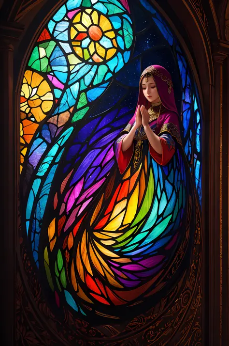 (Masterpiece, Top Quality, Best Quality, Official Art, Beautiful and Aesthetic: 1.2), (Praying Girl: 1.3), BREAK Stained Glass A...