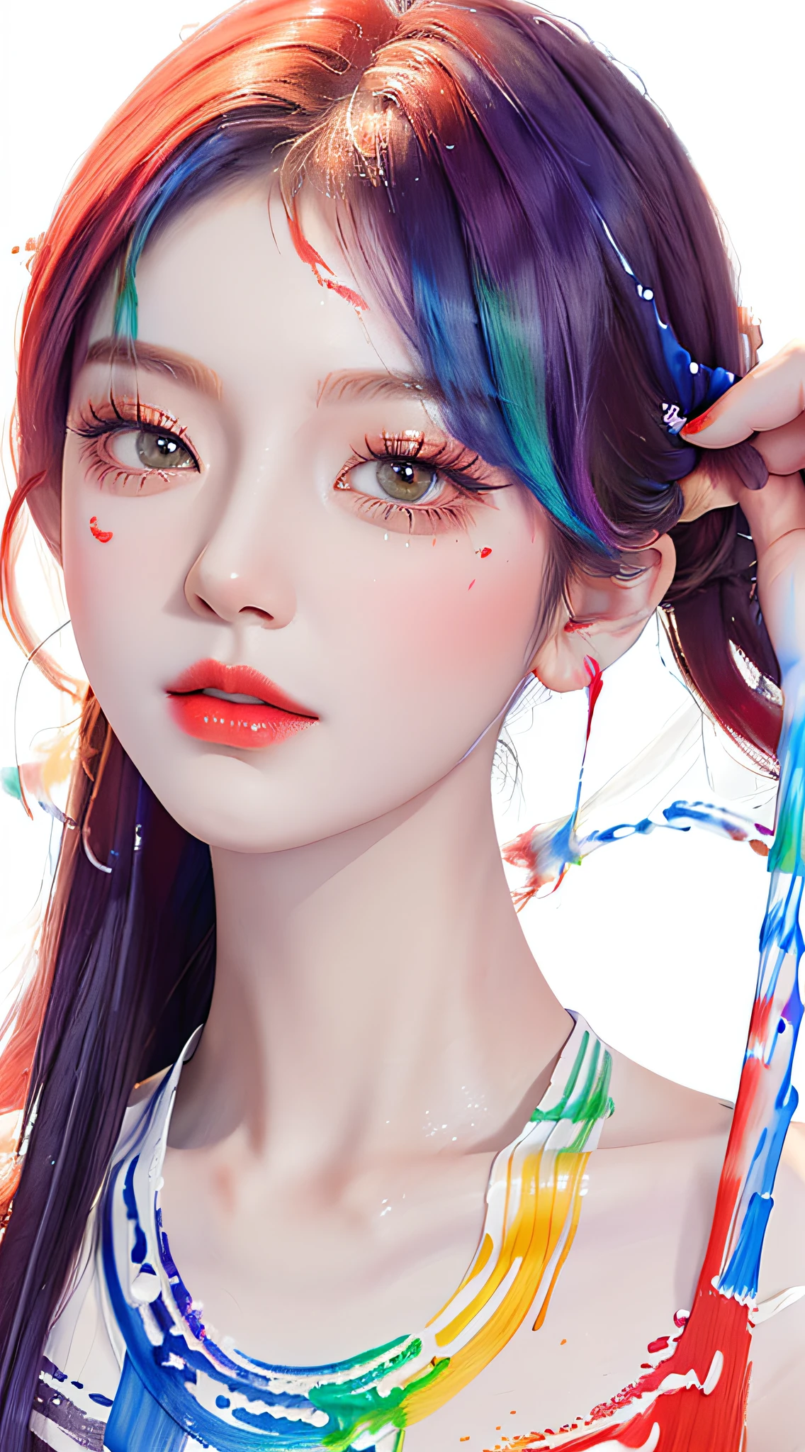 (Masterpiece, Best Quality, High Resolution), White Background, ((Paint Splash, Color Splash, Splash of Ink, Color Splash)),, Sweet Chinese Girl, Rainbow Hair, Peach Lips, Front, Upper Body