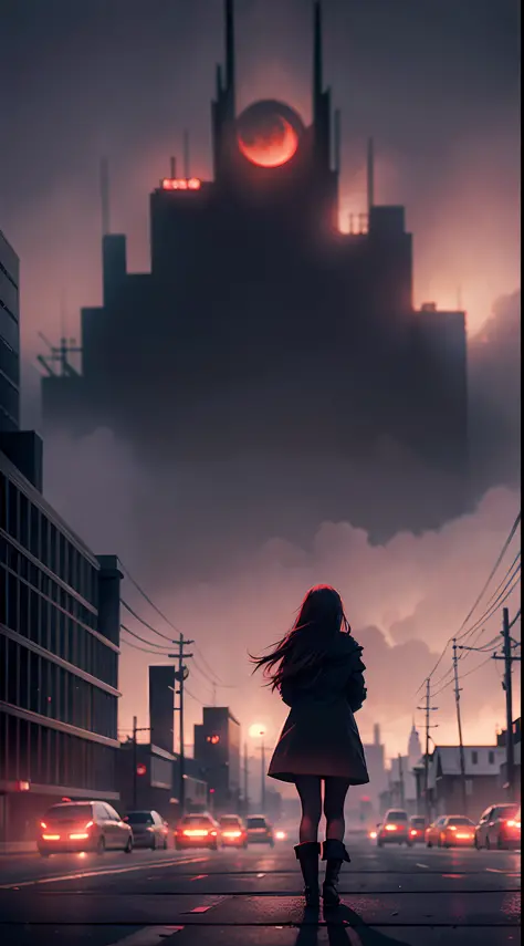 Girl, long hair, black coat, standing, sideways, behind is a town plunged into darkness, blood moon, hazy background, big scene (sketch: 1.2), anime key visuals, fog, evil, Bauhaus art, dramatic lights, mystery