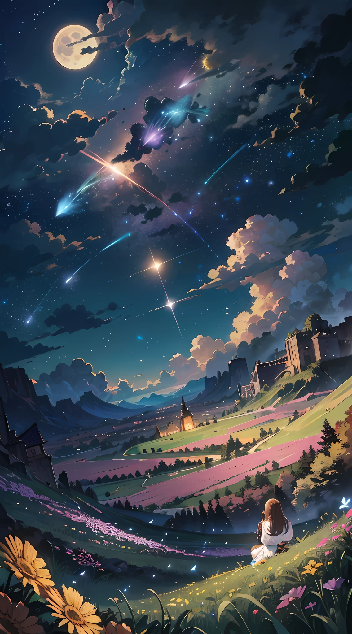 ((A illustration of a very vast fantastic starry sky and mysterious landscape)), masterpiece, BREAK , best quality, ultra detailed, hyper realistic, 16k, high resolution, BREAK , Design an image with a fisheye lens effect, capturing a wide field of view with a distinctive, curved perspective. BREAK , (dutch angle:1.2), BREAK , (Dynamic Composition:1.3), (Viewed from below:1.4), (Wide shot from back:1.4), (zoomed out:1.2), BREAK , (A woman with medium straight hair is sitting in a field of flowers with her dog Cavalier King Charles Spaniel and looking up at the sky:1.5). BREAK , Midnight starry sky, (Yellow full moon:1.3), (Meteor shower:1.3), (Cloud:1.2), Distant mountains, Trees, Fireflies, BREAK , Colorful vibrant starry sky, blue tone, moonlight, Beautiful bright purple and blue and orange and yellow lighting, Glow Lighting, Atmospheric Lighting, Cinematic lighting, Sparkle, Glowing light, Award-winning, Concept art,