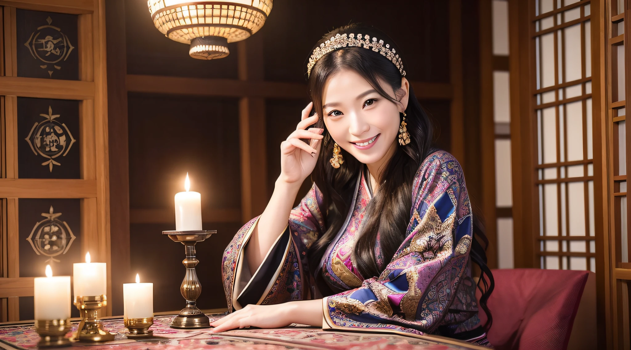 امرأة يابانية تبلغ من العمر 40 عامًا, امراة جميلة جدا, يبتسم بهدوء العراف, يرتدي العراف الغربي, الجلوس في غرفة الكهانة, بطاقات التارو والشموع على الطاولة.