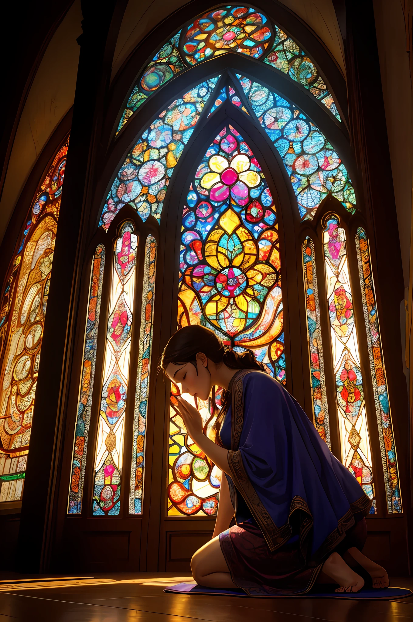 (Masterpiece, Best Quality, Best Quality, Official Art, Beautiful and Aesthetic: 1.2), (Woman in her 40s kneeling and praying: 1.3), 1Women's BREAK Stained glass art, colored glass, lead lines, light transmittance BREAK Vivid colors, intricate designs, luminous effects, spiritual atmosphere, very detailed faces, clear hands, (scenes that look very small from a distance), (right hand on the front floor), (4 fingers of left hand), (bright light on face)