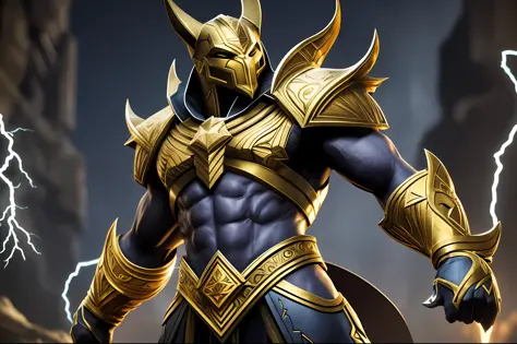 character design sheet of the god Anubis, inspired in a DC Comics costume. In shining armor, raising your hands, controlling lightning and thunder. Epic style, dramatic background, strong, angular lines, sharp contour. (((Artist: Creative Apollo))). 8k res...