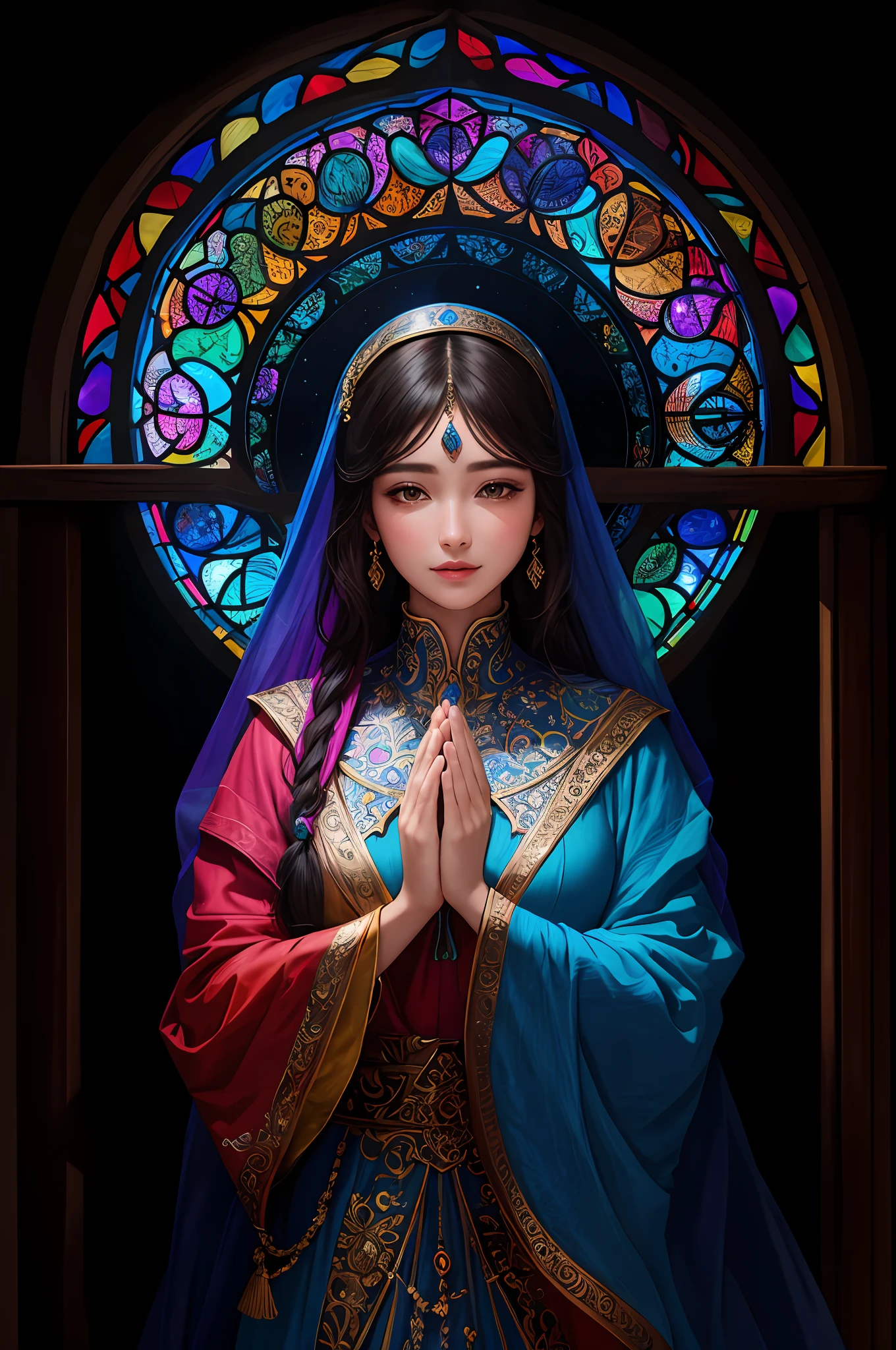 (Masterpiece, Top Quality, Best Quality, Official Art, Beautiful and Aesthetic: 1.2), (Praying Girl: 1.3), BREAK Stained Glass Art, Colored Glass, Lead Line, Light Transmittance BREAK Vivid colors, intricate design, luminous effect, spiritual atmosphere, (hands together, fingers four), very realistic face, detailed nose, detailed lips, detailed eyes,