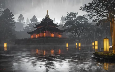 (best quality, masterpiece),( dark sky, heavy rain, inside buddha temple,a monk meditation under the heavy rain,reflection on wa...