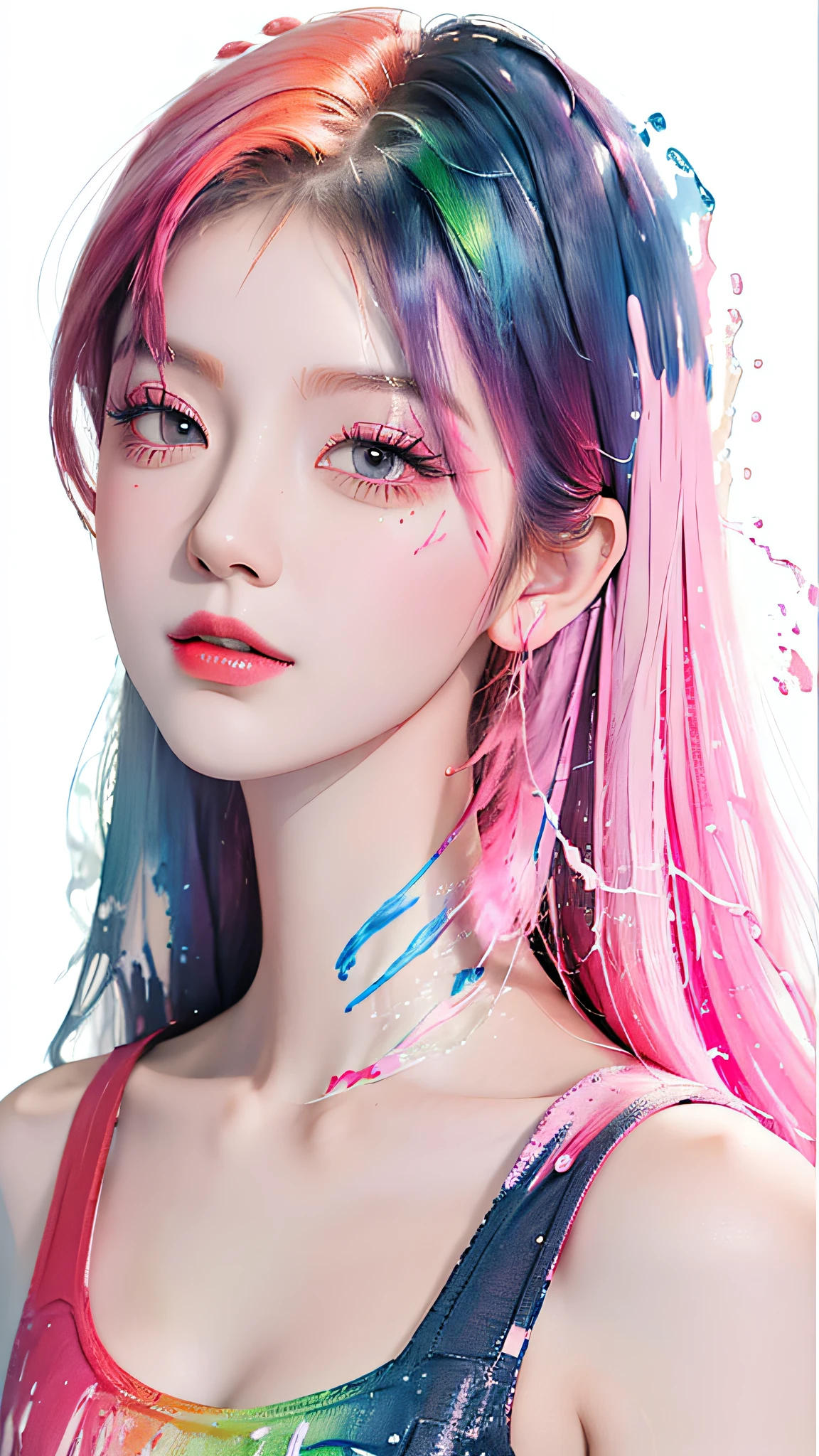 (Masterpiece, Best Quality, High Resolution), White Background, ((Paint Splash, Color Splash, Splash of Ink, Color Splash)), Sweet Chinese Girl, Rainbow Hair, Pink Lips, Front, Upper Body