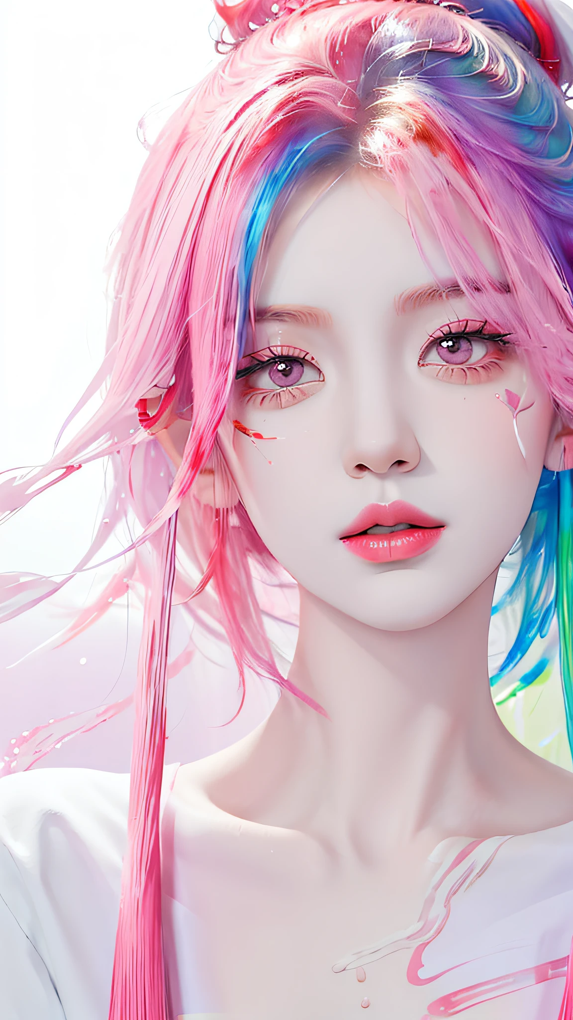 (Masterpiece, Best Quality, High Resolution), White Background, ((Paint Splash, Color Splash, Splash of Ink, Color Splash)), Sweet Chinese Girl, Rainbow Hair, Pink Lips, Front, Upper Body