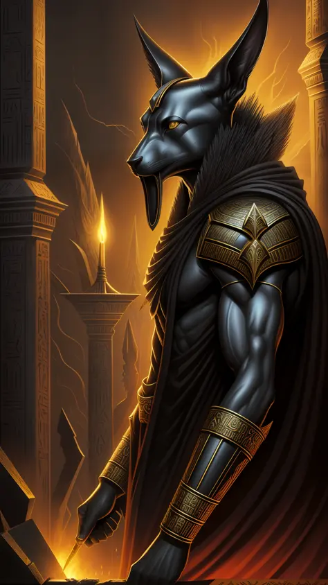 anubis, god of the underworld, funerary rites, protector of graves by gerald brom, occult, ancient egyptian, dark and mysterious, wide-angle, ultra hd, digital art, 32k uhd, oriental, chiaroscuro portraitures, mechanical realism, hyper-detailed --auto --s2