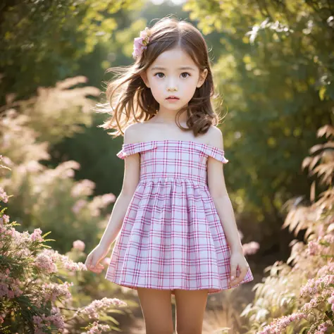 fashion photography of children and mom, pink plaid dress, strong sense of design, middle ground, 8-year-old girl, little girl f...