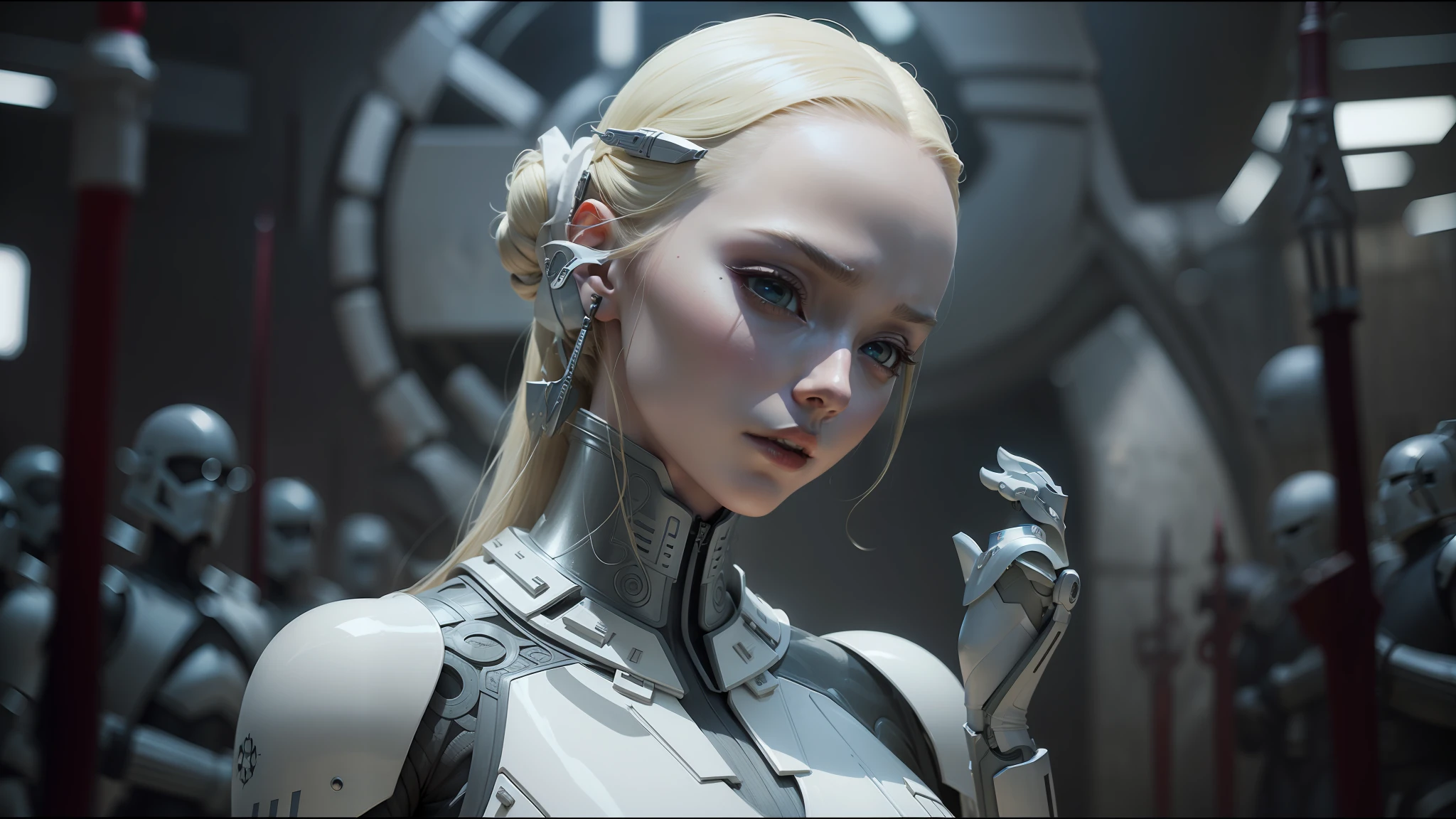 A woman in a futuristic suit with a sword in front of a group of robots -  SeaArt AI